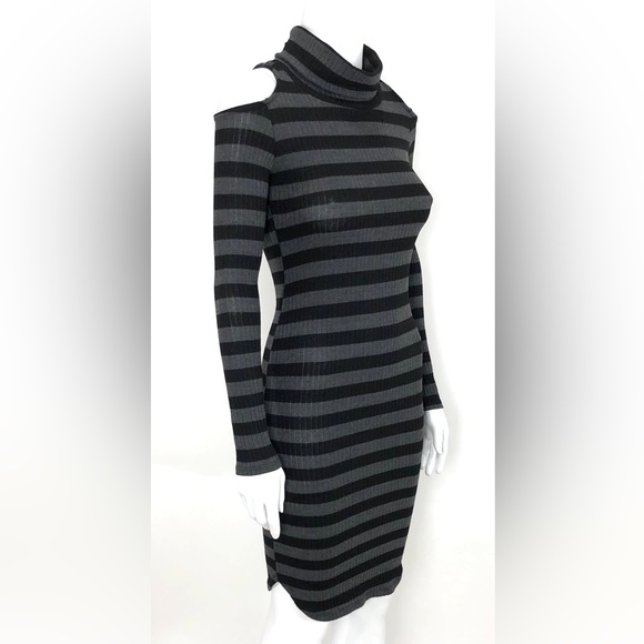 Solemio Cold Shoulder Knit Dress very fitted Black Gray Stripe - Picture 2 of 10